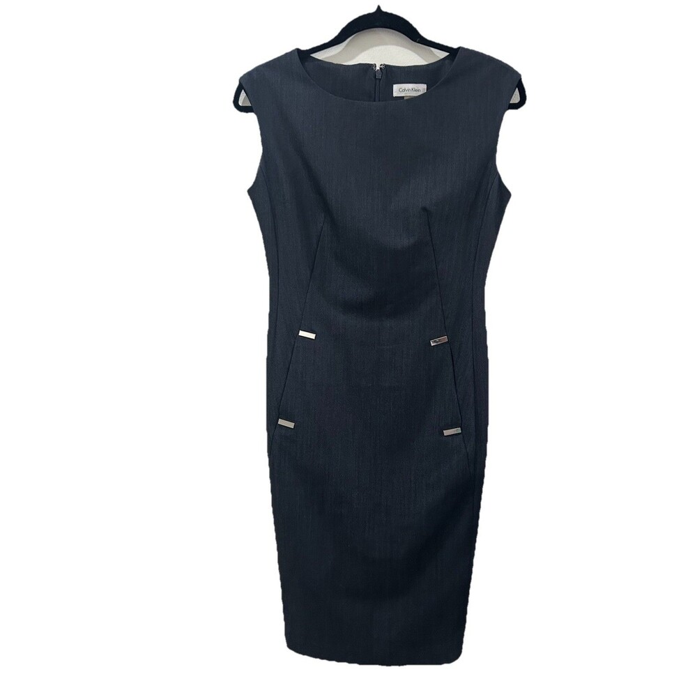 Calvin Klein Sz P2 Dark Grey Sheath Dress Zipper Sleeveless Business Pockets